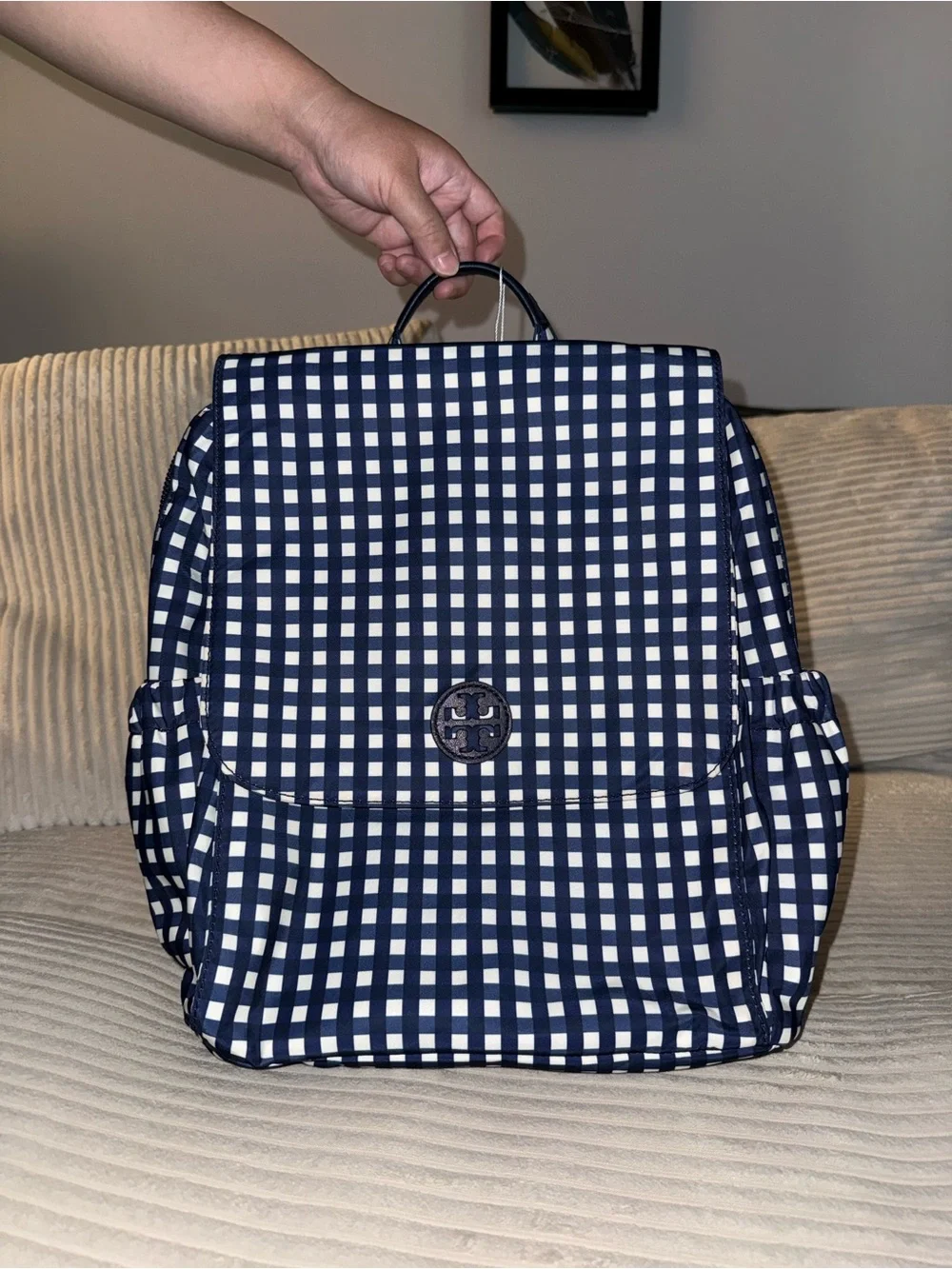 Tory Burch Navy and White Checked Backpack - Picture 1 of 2